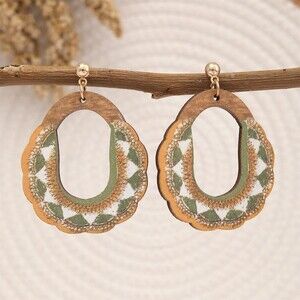 Faux Wood Boho Stud Dangle Earrings Green White Geometric Scalloped Oval Cutout